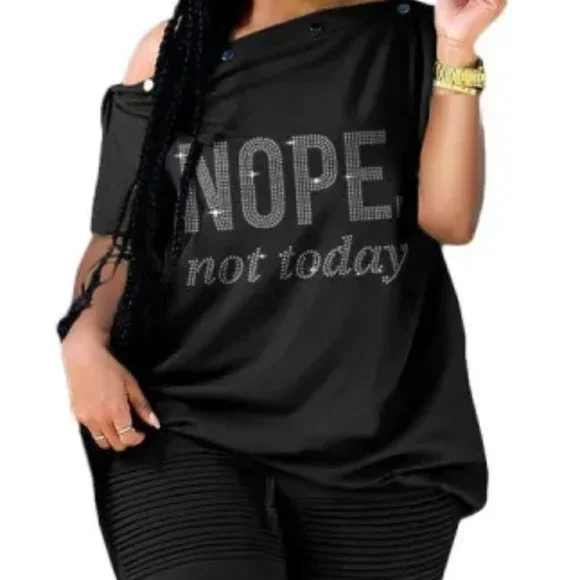 Women Diamond Letter Breasted One-Word Collar Loose Two-Piece Set - Picture 2 of 13